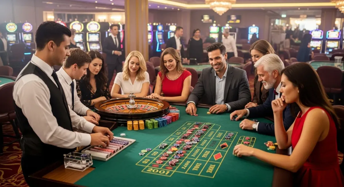 40 Super Hot Croupier und Spieler am Roulettetisch in einem eleganten Casino