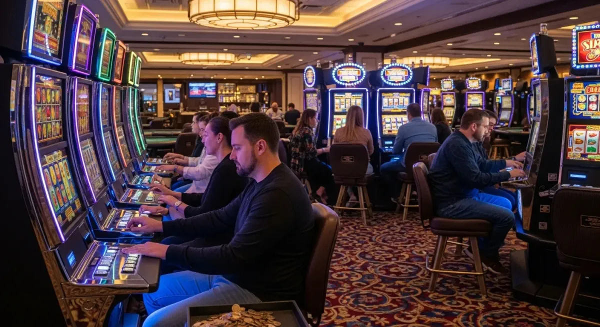 40 Super Hot Gäste spielen an leuchtenden Spielautomaten im Casino