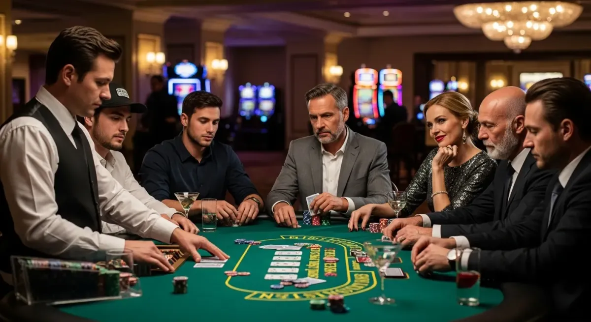 40 Super Hot Pokerrunde mit Croupier und Spielern im Casino