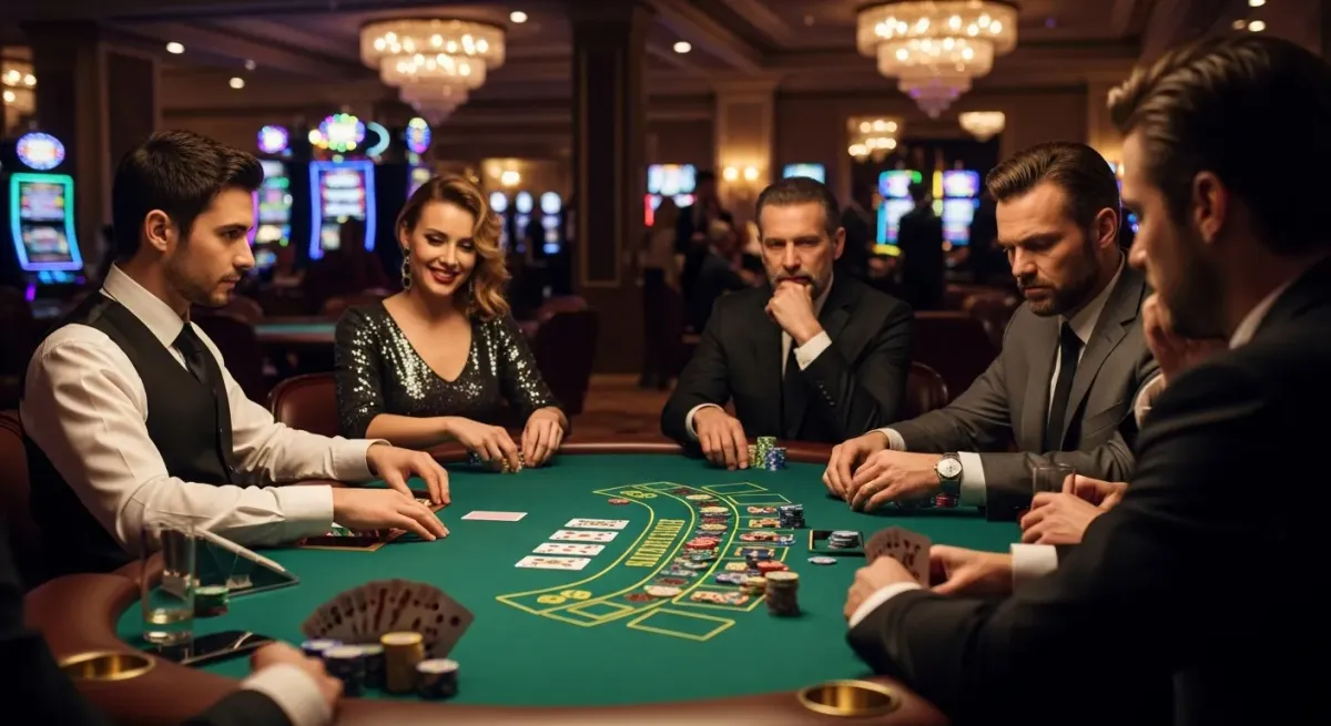 40 Super Hot Elegant gekleidete Spieler am Casinotisch mit Karten und Jetons