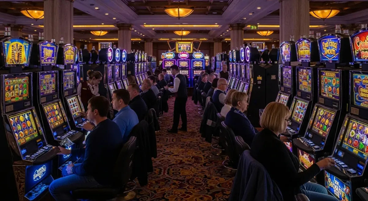 40 Super Hot Gäste spielen an leuchtenden Spielautomaten in einem luxuriösen Casino