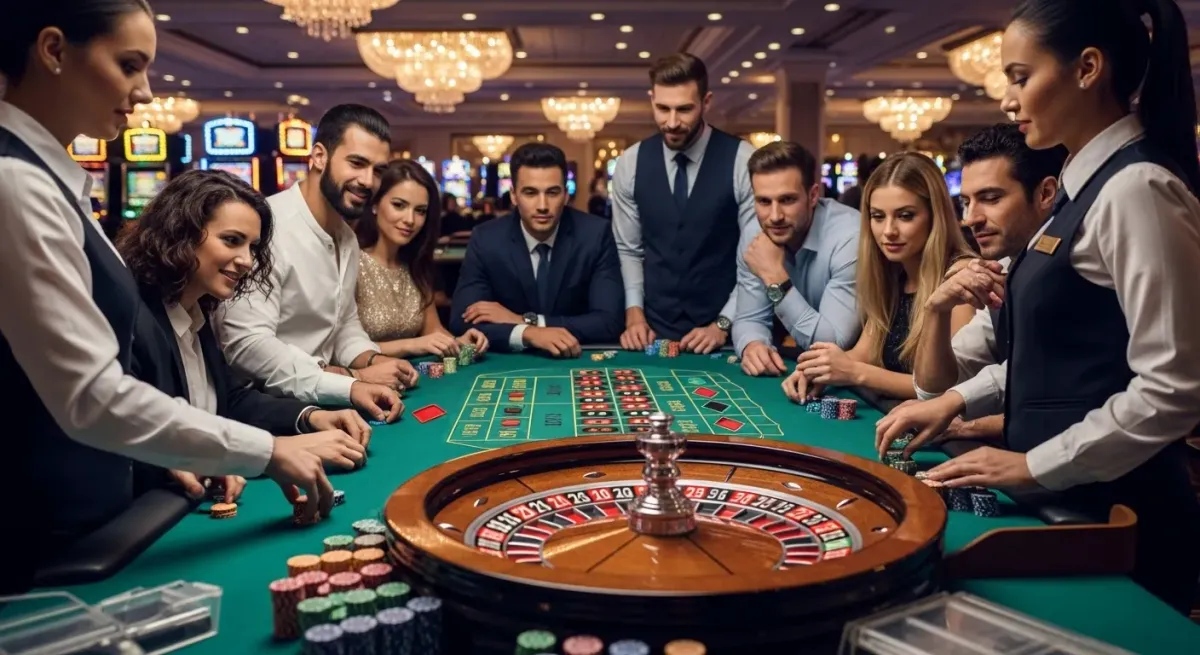 40 Super Hot Leute spielen Roulette am Casinotisch mit Chips und Croupier