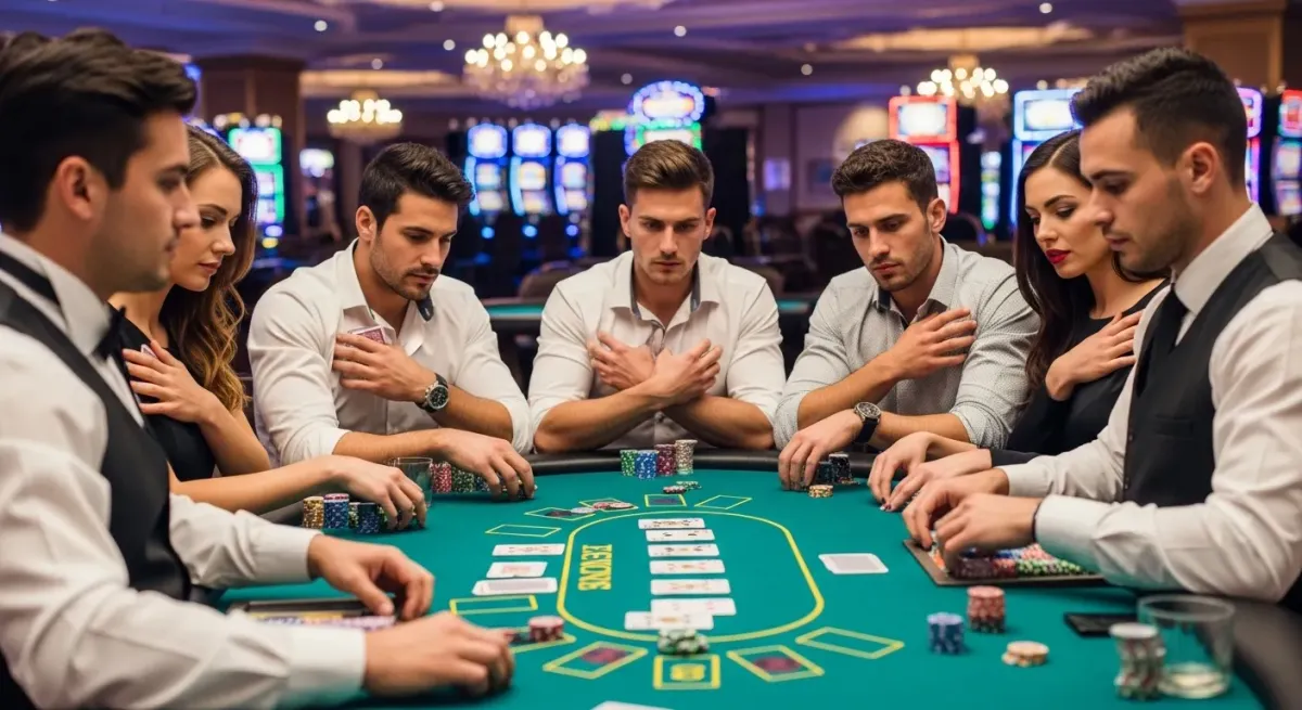 40 Super Hot Sechs Personen spielen konzentriert Poker an einem Tisch im Casino