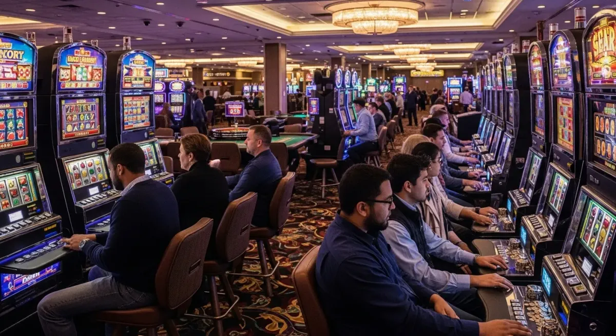 40 Super Hot Menschen spielen an Reihen von Spielautomaten in einem Casino