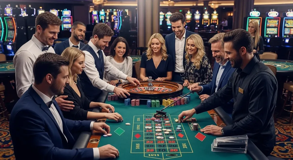 40 Super Hot Gruppe von Freunden spielt Roulette am Casinotisch mit Dealer
