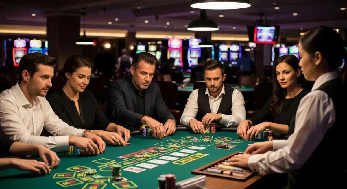 40 Super Hot Spieler und Dealer beim Kartenspiel an einem grünen Casino-Tisch