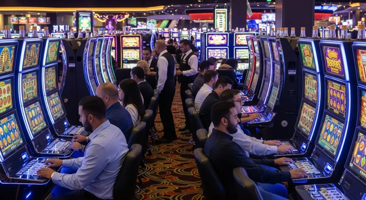 40 Super Hot Menschen spielen an leuchtenden Spielautomaten im Kasino