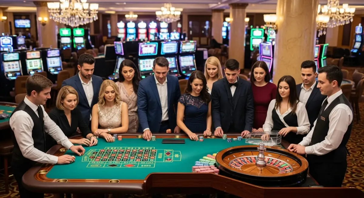 40 Super Hot Spieler und Dealer am Roulette-Tisch im luxuriösen Casino