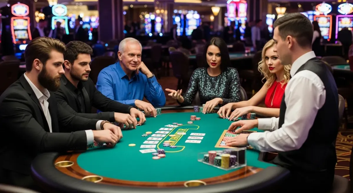 40 Super Hot Leute spielen Poker am Casinotisch mit Chips und Karten